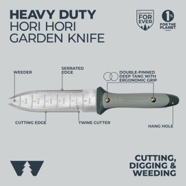 WOODLAND TOOLS Heavy Duty Hori Hori Garden Knife - Stainless Steel Soil Knife with Serrated Edge, Depth Markings, and Ergonomic Grip, Multi-Use Weeding and Digging Tool with Sheath for Gardening