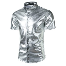 JOGAL Men's 70s Disco Shiny Metallic Gold Silver Short Sleeve Button Down Shirts Large Silver