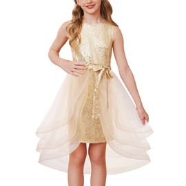 GRACE KARIN Little Girls Gold Dress Size 6 Sparkle Sequin Formal Birthday Party Princess Pageant Midi Dress