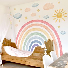 Large Watercolor Rainbow Wall Stickers Kids Cloud Sun Wall Decals Peel and Stick Decor for Nursery Bedroom Classroom Home Decor (Rainbow Cloud)