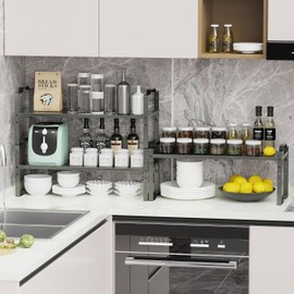 Jojocross Expandable Shelf for Cabinet Organizer Adjustable Stackable Spice Rack at Kitchen and Bathroom More, Counter Countertop Cupboard Organization Pantry Storage (3 Packs/Gun-Grey, Medium)