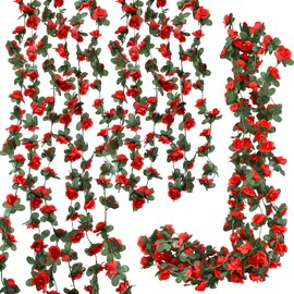 Bacucine Flower Garland 8PCS 63Ft Artificial Rose Vine Hanging Flower Vines with Green Leaves Floral Garland for Wedding Wall Arch Party Decor (Red)