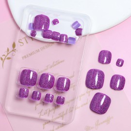 24 Pcs Dark Purple Press on Toenails RIICFDD Short Square Fake Toe Nails Glitter False Toenails with Glossy Solid Color Acrylic Toenails Full Cover Artificial Toenails Daily Fake Toe Nails for Women