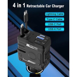 4-in-1 Ultra-fast Car Charger with Mecha Style and Retractable Type-C and iOS Cables for Fast Charging of Devices - Color: Black