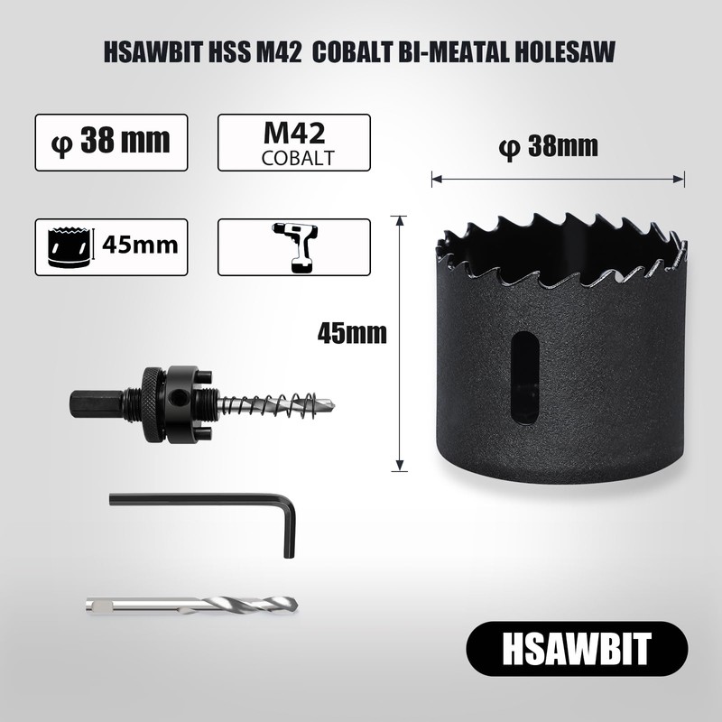 HSAWBIT HSS Bi-Metal 38mm Hole Saw, M42 Fast Cut Extra