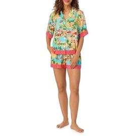 Room Service Womens Pajama Sets, Short Sleeve Lightweight Button Top with Ruffle Waist Shorts 2 Piece Lounge Sets for Women, Large, Turquoise Island Bliss