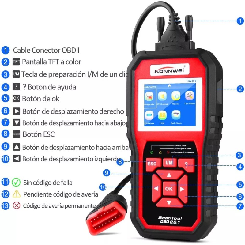KW Escaner Código Diagnóstico De Automotriz Obd2 Konnwei Kw850