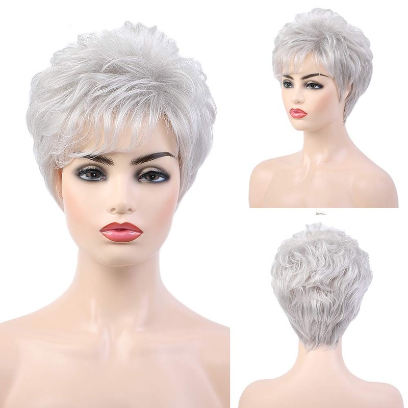 Emmor Short Silver Grey Human Hair Wigs for Women Blend