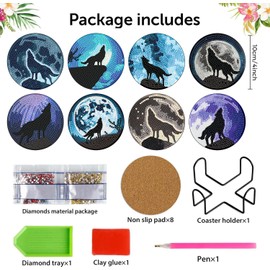 8Pcs Wolves Diamond Art Coasters with Holder - Wolf Diamond Painting Coasters Set of 8, DIY Drink Coasters Art Crafts Supplies for Adults Cup Mat for Home Decor House Warming Gifts Non-Slip 4X4Inch