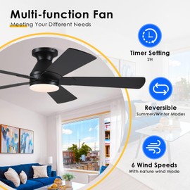 BYKISTOK Black Ceiling Fans with Lights - 52In Flush Mount Ceiling Fan Light with Remote, 3CCT Dimmable and 6 Wind Speeds, Modern Low Profile Fan Light for Indoor Bedroom, Covered Outdoor