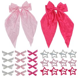 24 Pcs Y2K Hair Clips Satin Mini Bows Metal Star Hair Clips ＆ 2 Pcs Large Pink Hair Bows For Women, Stylish and Elegant, Suitable for Birthdays, Weddings and Festivals (Pink & White)