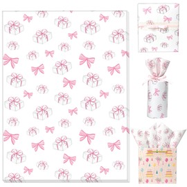 Pink Tissue Paper Bulk - Watercolor Hand-painted Pink Bows & Present Pattern, Cute Girly Gift Wrapping Tissue Paper for Gift Bags Packaging for Birthday Baby Shower Wedding Holidays, 30 Sheets 20x14in