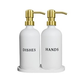 RM Home White Glass Hand and Dish Soap Dispenser Set - Modern Farmhouse Sink Accessories - Liquid Soap Dispenser - 16 oz Kitchen Sink Soap Dispenser Set with Tray, Gold Pumps & Funnel
