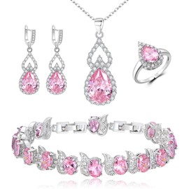 BriLove Wedding Jewellery Set for Women Bride Bridesmaid, Teardrop Cubic Zirconia Pendant Necklace Earrings Tennis Bracelet Adjustable Ring Jewelry Gift for Birthday/Mothers Day Pink Silver-Tone
