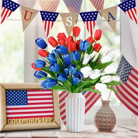 Sggvecsy 36 Pcs Patriotic Artificial Flowers Memorial Tulips Bouquet Fake Red White and Blue Cemetery Tulips Flowers for Grave 4th of July Memorial Day Independence Day Veterans Home Decoration