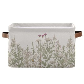 xigua Vintage Colorful Herbs Wild Flowers Floral Storage Basket Collapsible Toy Storage Bins Waterproof Canvas Storage Basket with Leather Handles for Home Closets Offices,Bedrooms,Kids Toy and Gift