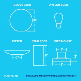 KastLite 16" Globe Pier Mount Outdoor Lighting with LED Lamp & 6" Stub Post | UV & Waterproof Pillar/Column Lights | Deck Driveway Yard Patio & Garden Fixture | Made in USA | Smoke Cover, Black Base