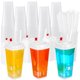 Jingmore 100 Pcs Clear Square Shaped Plastic Cup with Lids and Straws 16 oz Disposable Split Double Thicken Cold Drinking Cup Bulk for Smoothie Coffee Valentine Summer Party Supplies
