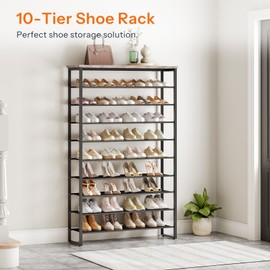 HOOBRO 10-Tier Shoe Rack for Entryway, 39.4" L Shoe Storage Organizer, Large Capacity Shoe Shelf for Closet, Front Door Entrance, Hallway, Holds 45-50 Pairs of Shoes, Greige and Black BG171XJ01