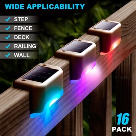 DenicMic Solar Deck Lights Outdoor 16 Pack Step Solar Lights Waterproof for Patio Fence Step Yard Stair RGB Color Changing LED Outside Deck Lighting