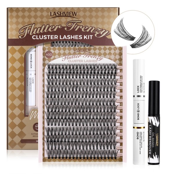 LASHVIEW 40D DIY Eyelash Extension Kit, Cluster Eyelash Extensions, Individual Eyelash Kit, Individual Eyelashes with Glue and Tweezers
