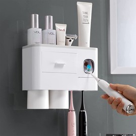 SIMIN Automatic Toothpaste Dispenser Squeezer Kit, Zahnbürstenhalter, Zahnbürstenhalter zur Wandmontage, 6 Pinselschlitzen, 2 magnetischen Bechern und Aufbewahrungs-Organizer (2)