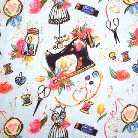 TRIXES Cotton Fabric - Original Print Design with Various Designs on the Theme of Sewing - Embroidery Fabric - Upholstery Fabric - Tailoring - Patchwork - 1 m x 140 cm Approximate Size