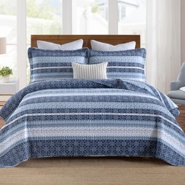 Homzard Quilt King Size,Blue White Snowflake Striped Quilt Bedding Set, Cotton Boho Gemetic Comforter Set, Lightweight Comforter King Size (106 * 98 Inches) with 2 Pillow Shams