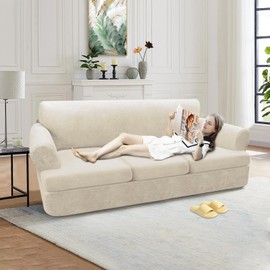 Pfrstuv 4-Pieces T Cushion Sofa Slipcovers Leather Look Couch Cover for 3 Cushion Couch Furniture Protector Stretch Sofa Cover with 3 Individual T Cushion Seat Covers Washable, Beige