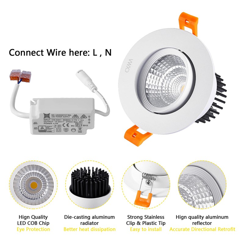 CXWV 3 Inch LED Recessed Downlight, 5W COB Ceiling Light