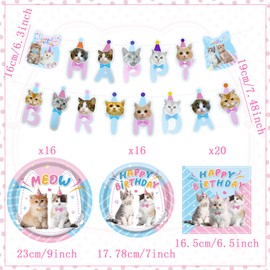 BACH AND BOUJEE Kitten Cat Party Decorations Serves 16 Dinnerware Plates Napkins Tablecloth for Cat Kitten Theme Birthday Decorations