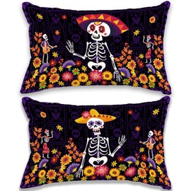 FARMNALL Day of The Dead Pillow Covers Dia De Los Muertos Sugar Skull Flower Throw Pillow Covers 12x20 Set of 2 Day of The Dead Deocr Pillow Case Mexican Fiesta Decorations and Supplies