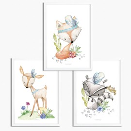 Sunnywall® Set of 3 Posters for Children's Room - A4 Pictures Baby Room Children's Posters Without Picture Frame - Decorative Girl Boy (Woodland Forest Animals Indians, A4 (21 cm x 29.7 cm))