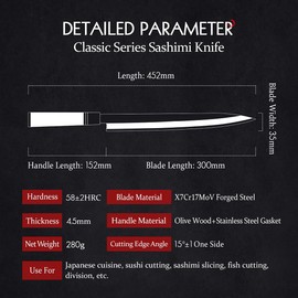 HEZHEN 300mm Sashimi Knife,Forged Steel Sushi Yanagiba Knife, Sushi Slicing, Wooden Handle Knife Case