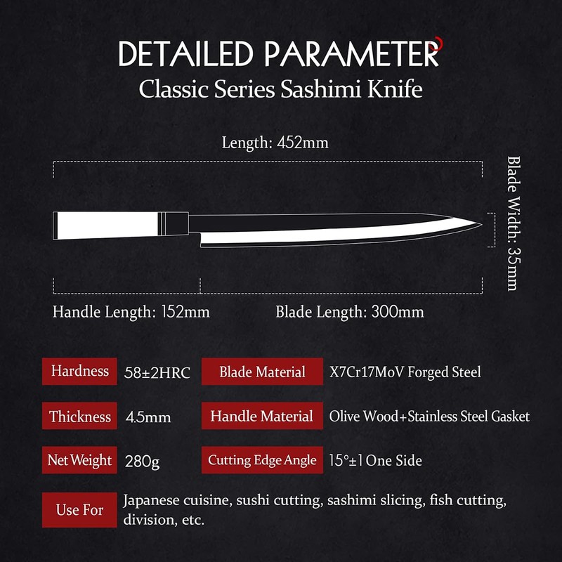 HEZHEN 300mm Sashimi Knife,Forged Steel Sushi Yanagiba Knife, Sushi Slicing,