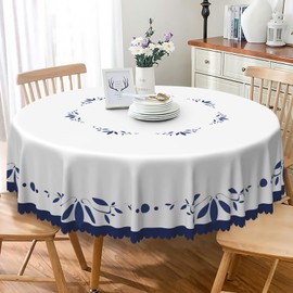 TTQYFNM White Navy Blue Round Tablecloth 60 Inch Minimalism Blue Leaves Bordered Farmhouse Circle Table Cloth Waterproof and Stain Resistant Fabric Table Cover for Kitchen Dining Room Patio Home Decor