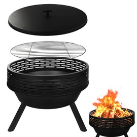 PWSOMJ 23 Inch Cast Iron Round Fire Pit with Grill, 3-in-1 Outdoor Fire Bowl, Fire Pit Table with Metal Lid and Fire Poker, Wood Burning Firepit for BBQ Bonfire Patio Picnic