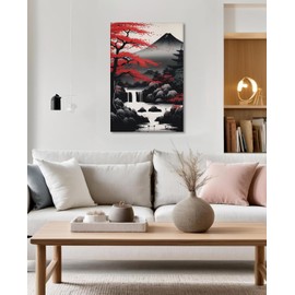 KPLUNDO Japanese Wall Art Asian Landscape Canvas Prints Red and Black Cherry Blossom Trees Picture Vintage Painting for Bathroom Living Room Bedroom Home Wall Decor(Art-2,12.00x18.00 inch)