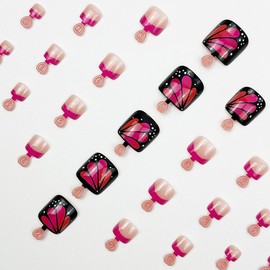 Rose Red French Press on Toenails Short Square QUNQINLI Fake Toe Nails Press ons with Flowers Design Nude Fake Toenails Black Glossy Acrylic Glue on Toe Nails for Women 24Pcs
