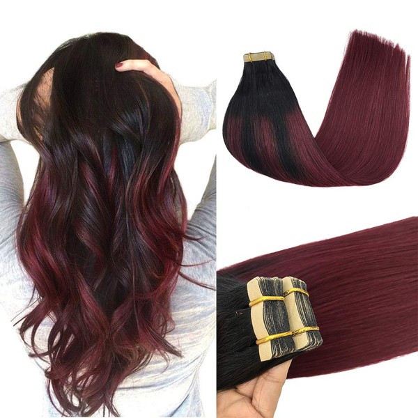 GOO GOO 24inch Remy Tape in Hair Extensions Human Hair Jet Black to Red Ombre Human Hair Extensions Tape in Straight Natural Hair 20pcs 50g