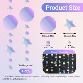 52 ft Colourful Glitter Paper Round and Star Garland, 4 Pieces Hanging Paper Garland Holographic Rainbow, Paper Garland for Birthday DIY, Wedding, Christmas, Party Decoration (4 m x 4)