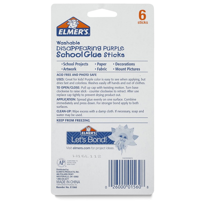 Elmer's Disappearing Purple School Glue, Washable, 6 Pack, 0.21-ounce sticks