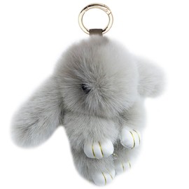 Unpafcxddyig Bunny Keychain Mini Soft Cute Artificial Mink Fur Fluffy Keyring 4.7in for Car Handbag,silver gray