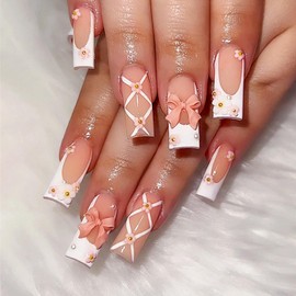 Press on Nails Long Coffin Square Nude White Bow Flower French Tip Fake Nails Long with Designs Full Cover False Nails Square French Tip Glue on Nails Cute Long Coffin Square Acrylic Thick Stick on Nails for Women Nails Art 24Pcs ZG-96-18