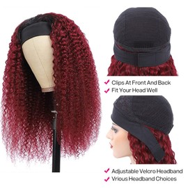seelaak Kinky Curly Ombre Burgundy 1B/99J HeadBand Wig Human Hair Wigs for Black Women Brazilian 10A Human Hair None Lace Front Human Hair Wigs Machine Made Wigs 150% Density (24 inch
