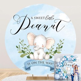 OERJU Round Elephant Baby Shower Backdrop for Boys Blue Floral A Sweet Little Peanut is on The Way Photography Background Elephant Baby Shower Newborn Party Decorations Arch Photo Booth Props 7.2ft