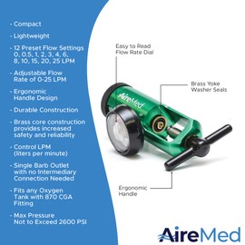 AireMed Oxygen Regulator 0-25LPM, CGA-870 Gauge Flow Rate – Includes Wrench Key, 5 Brass Yoke Washer Seals, and 2 Oxygen Tubing Swivel Connectors - Ergonomic Handle Design - Green
