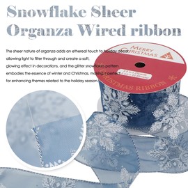 HUIHUANG Navy Blue Snowflake Wired Ribbon Blue and Silver Sheer Wire Ribbon Glitter Snowflake Ribbon for Christmas Tree, Bows Making, Wreath, Gift Wrapping, Garlands, Home Decor- Continuous 25 Yards