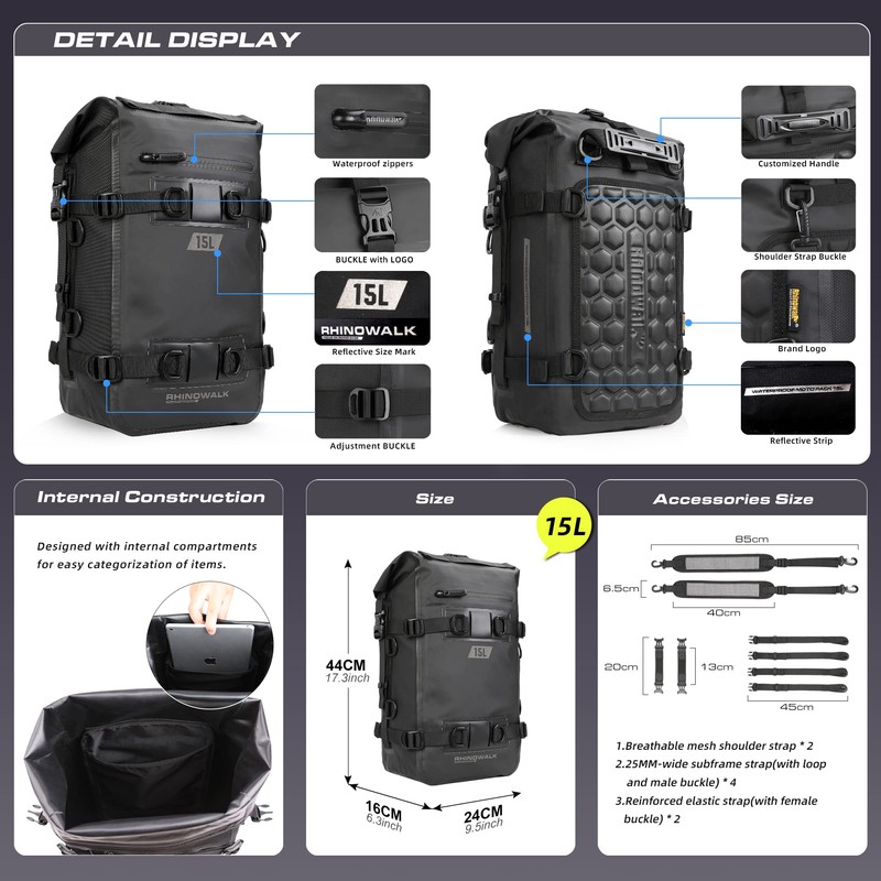 Rhinowalk Motorcycle Tail Bag, Travel Luggage Bags, Waterproof Rear Carrier,