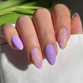24PCS Purple Press on Nails Medium Almond Fake Nails Flower Glue on Nails Summer Acrylic Nails Supplies Stiletto False Nails Art DIY Manicure Stick on Nails for Women and Grils
